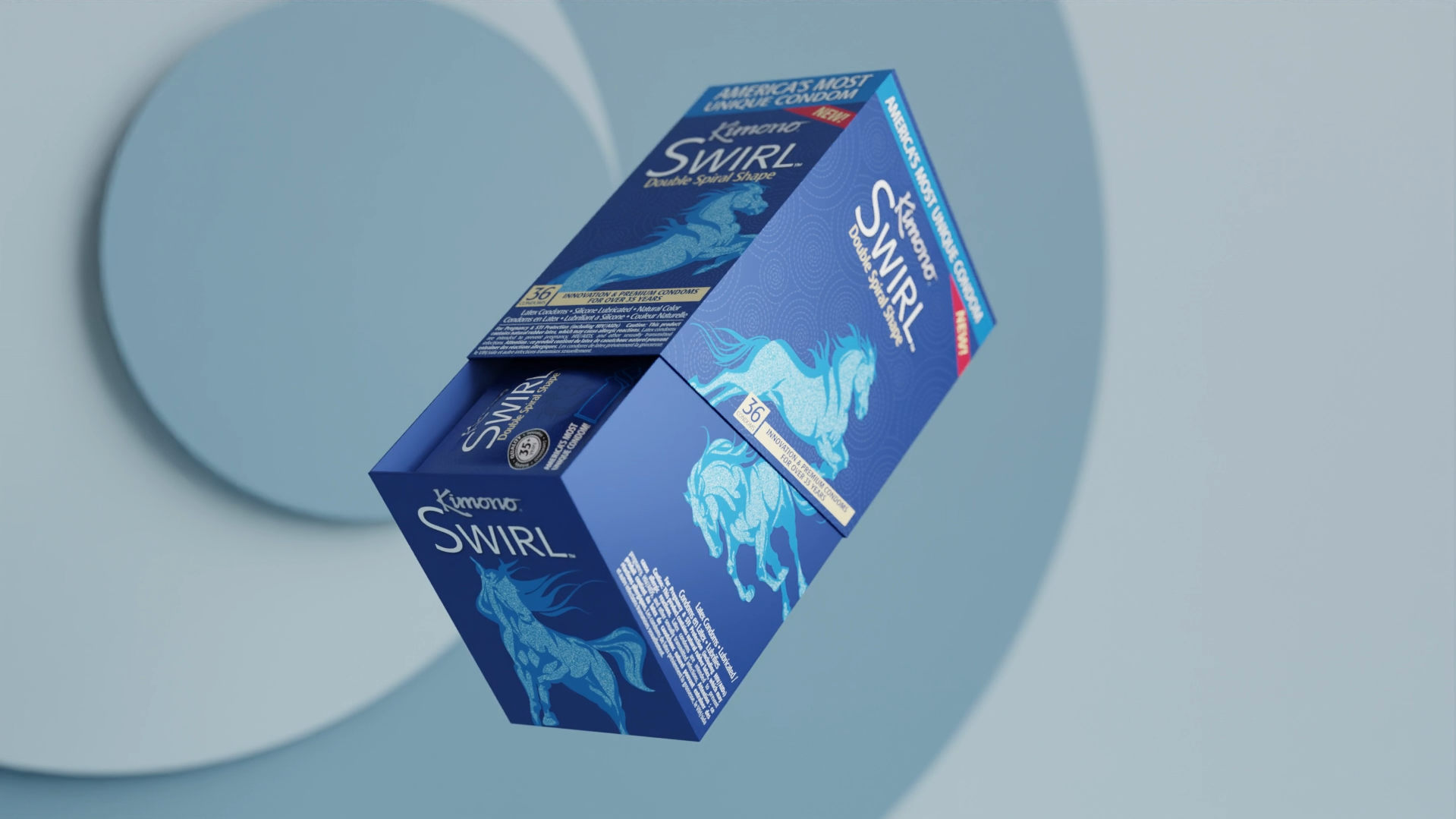 Load video: Kimono Swirl condoms, America&#39;s only double helix shaped condom. The condom is revealed out of the packaging. It uses premium natural latex. Less constriction, more comfort. Double swirl for added comfort, friction, and energy. For him, her, and them. What are you waiting for? Get your swirl on.